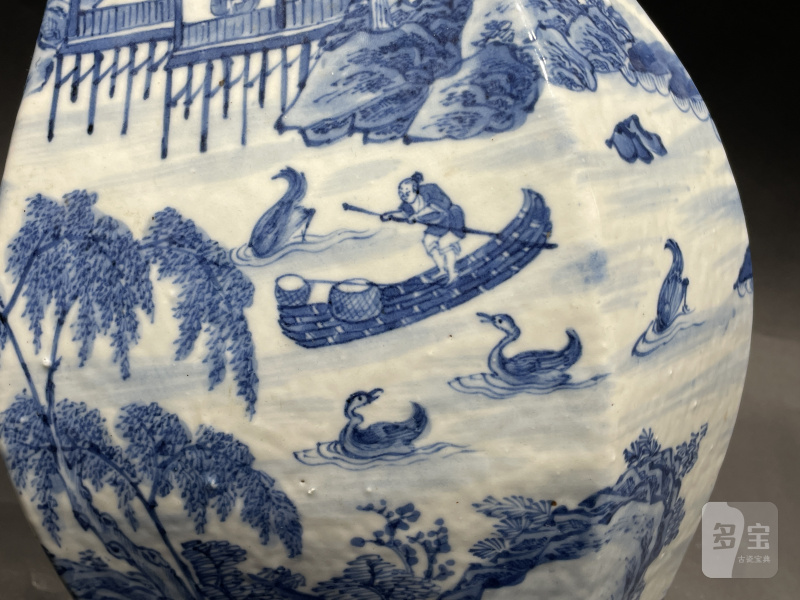 清嘉庆 青花渔樵耕读人物故事图六方象耳琵琶尊（带座） - 图8
